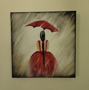 12 X 12 Woman in Red with Rain Painting by JP